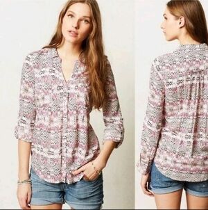 Maeve By Anthropologie Women's Pink & White Blouse Size Medium Button Up